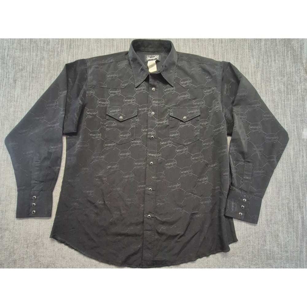 VTG Wrangler men's black western pearl snap shirt XL all over logo‎ print L/S